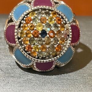 Sima K Multicolor Enamel Floral Dome Ring with Blue Center Stone